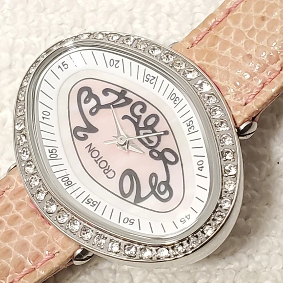Croton Diamonds Bezel Women's Watch Pink Genuine Strap Mother Pearl Dial Vintage - Picture 4 of 12